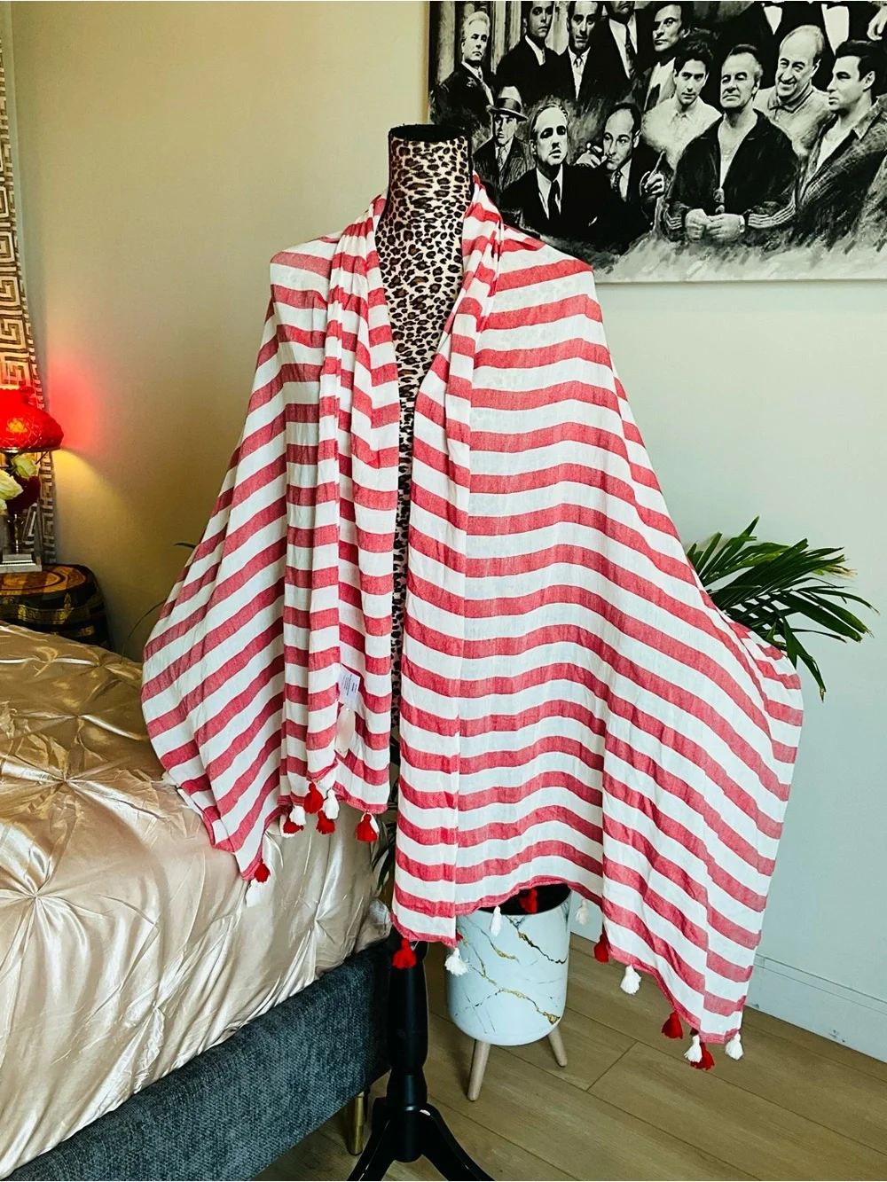 Faded Glory Red and White Striped Tassel Scarf